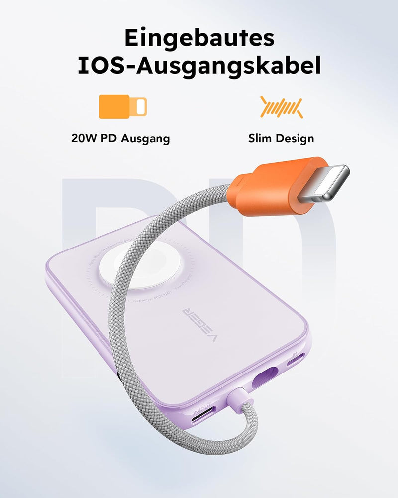 VEGER Mini Power Bank 20W PD, 5000mAh Powerbank mit Eingebautem Apple Kabel, mit Apple Watch Laden,