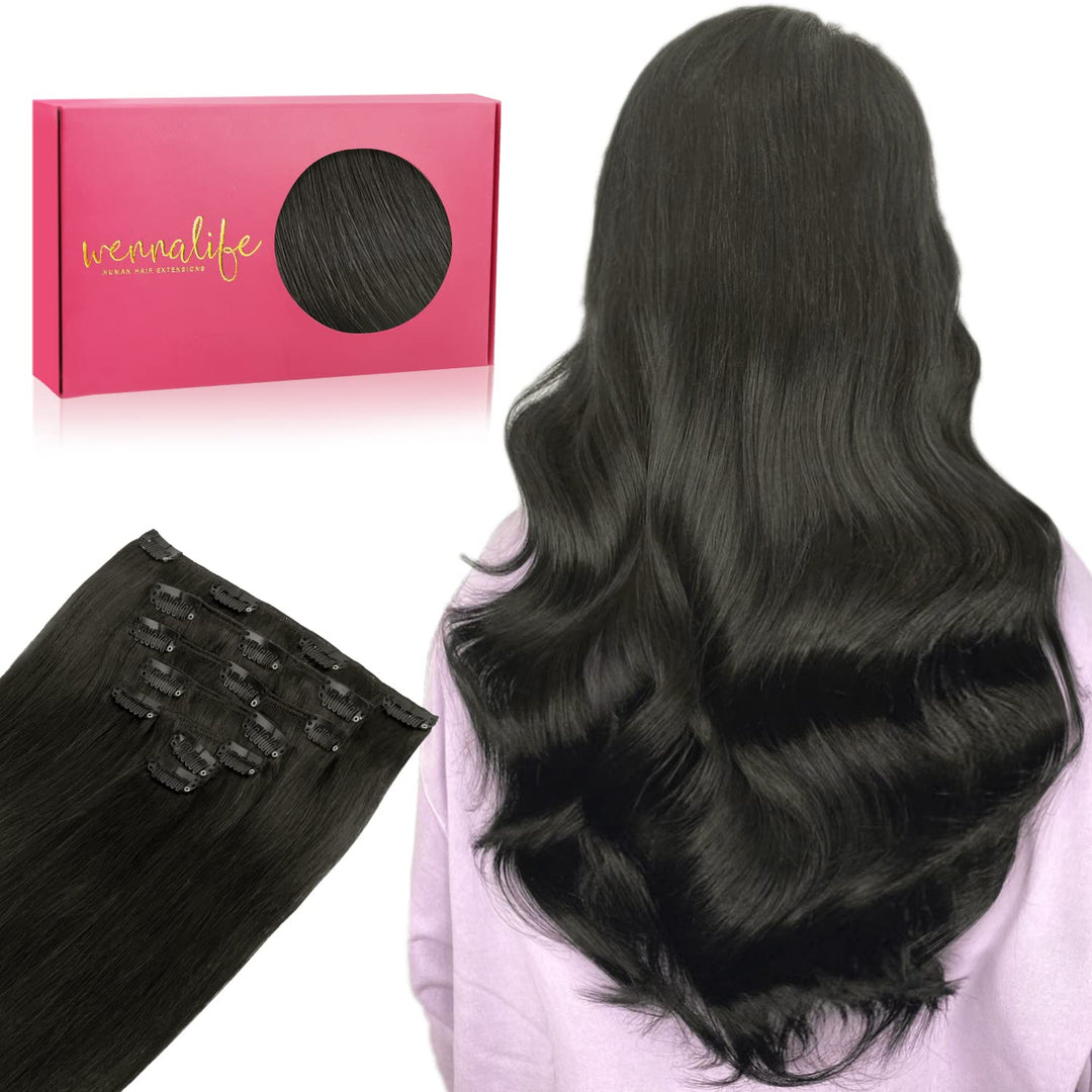 WENNALIFE Clip in Extensions Echthaar, 70g 7pcs 45cm Natürliches Schwarz Echthaar Extensions Clip in