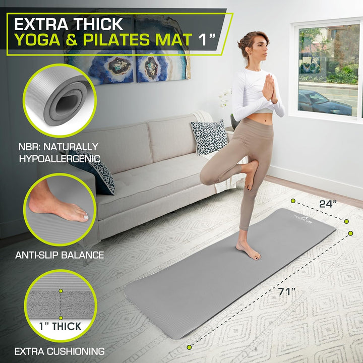 ProsourceFit Extra Thick Yoga and Pilates Mat 1" Grey, 1" Grey