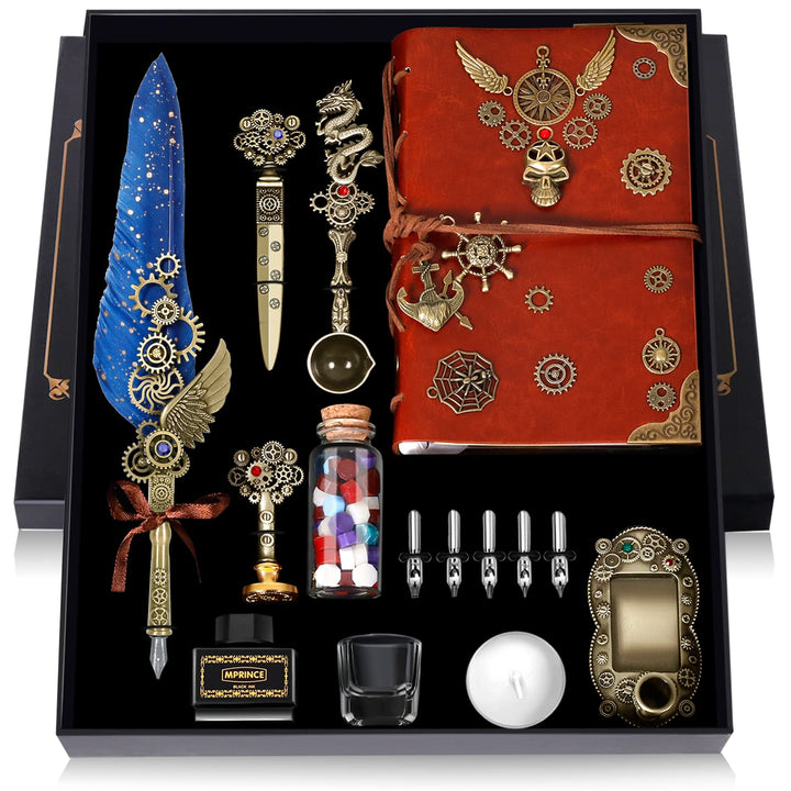 Schreibfeder Tinte Set Leder Notizbuch mit Quill Stift, 5 austauschbare Federn, Siegel Stempel, Löff