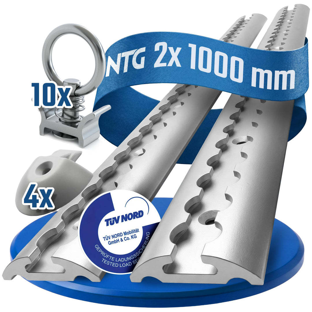 NTG 2 x 1 m Alu Airlineschiene, halbrunde Form m. Bohrungen m. Fittingen -Spar-Set- | Ladungssicheru