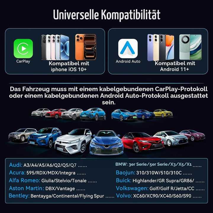 CarPlay Wireless Adapter, für Apple Wireless Car Play &amp; Android Auto Adapter 2 in 1, Plug and Play V