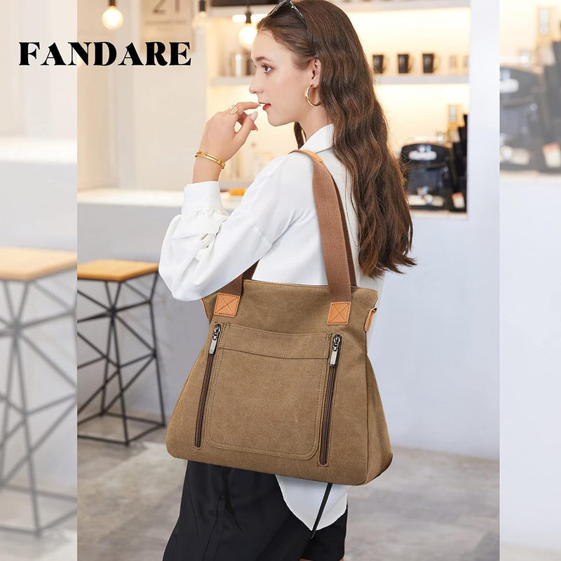 FANDARE Retro Handtaschen Leinwand Schultertasche Damen Umhängetasche Frauen Arbeitstasche für 12.9