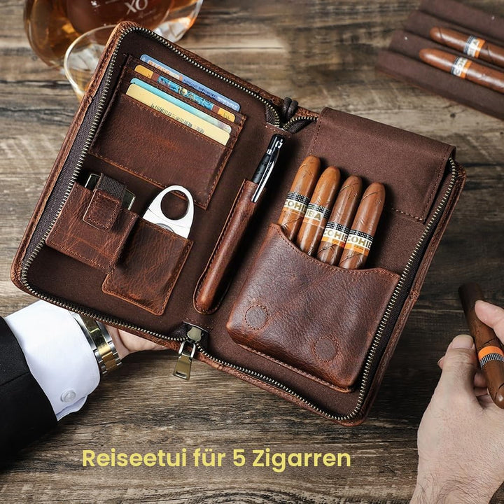 Hiram Zigarren-Reisetasche, Echtes Leder 5 Zigarren Box, Multifunktionale Zigarre-Tasche mit Zigarre