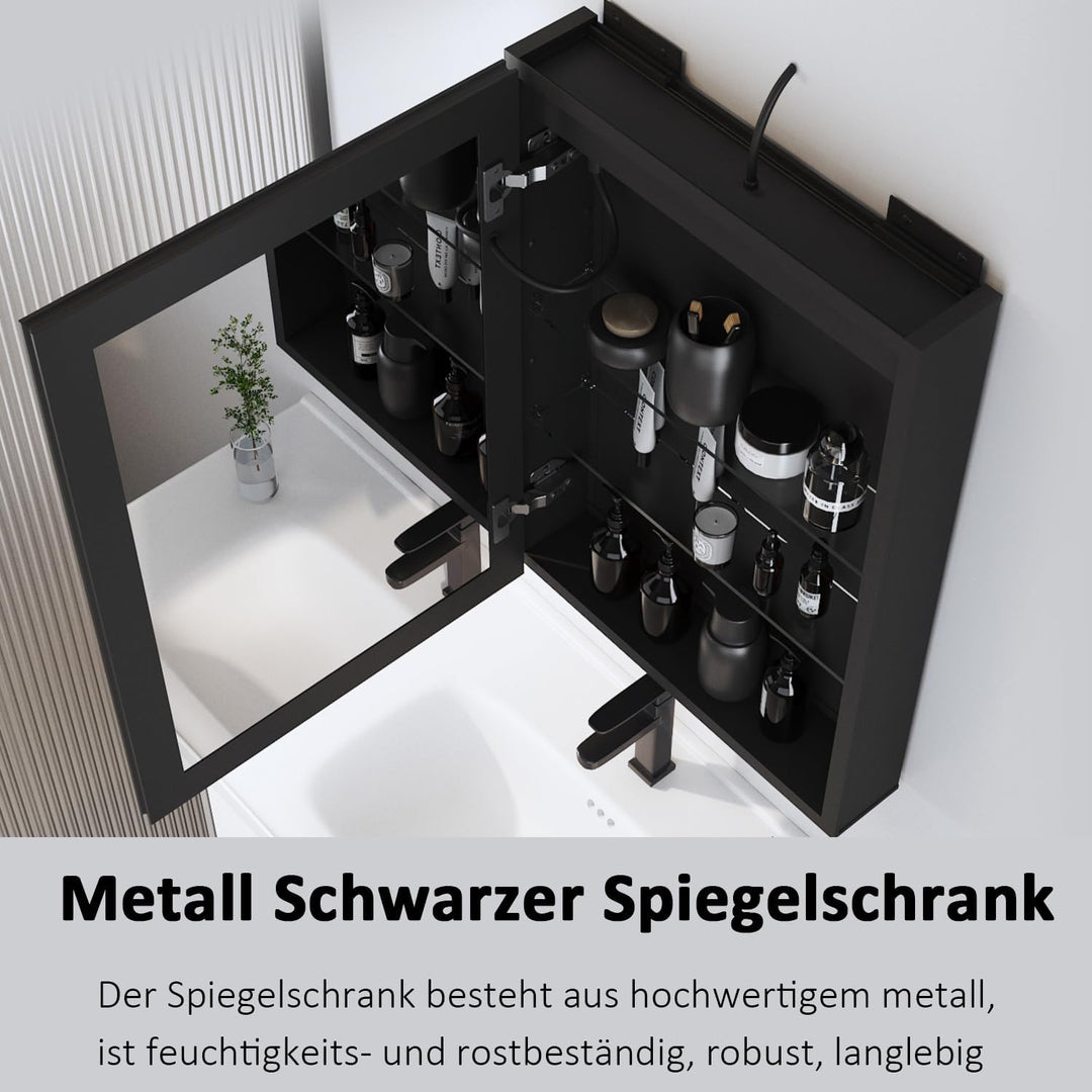 Boromal Spiegelschrank Bad mit Beleuchtung Schwarz Spiegelschrank mit Beleuchtung Metall LED Badezim