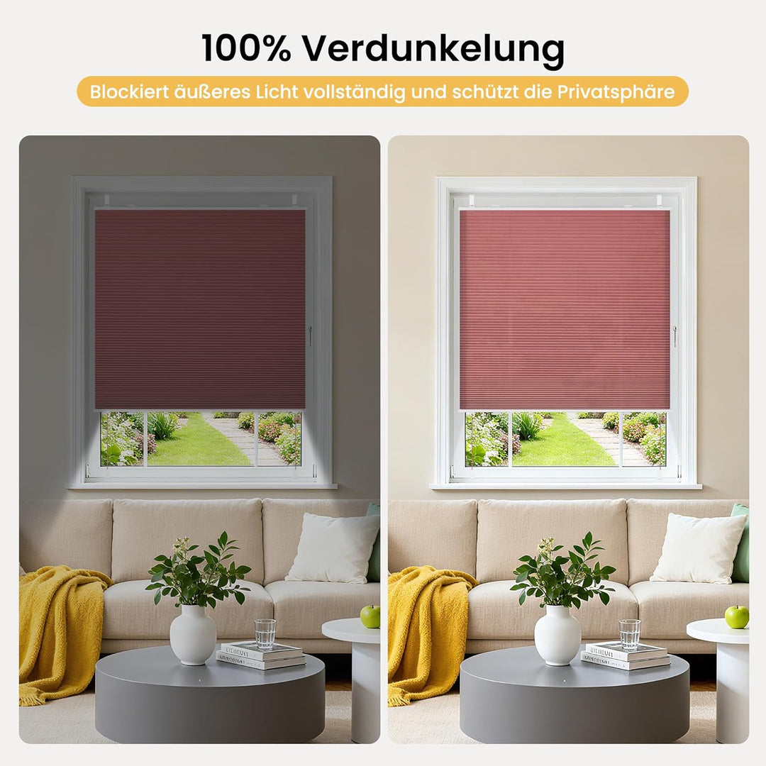 BelleMax Plissee Verdunklung Klemmfix Wabenplissee ohne Bohren Weinrot-Weiss 75x110cm(BxH), Thermo V