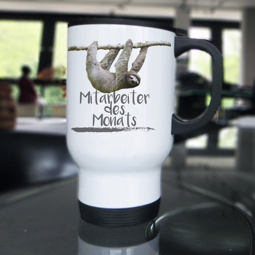 Thermobecher Faultier "Mitarbeiter des Monats" Sloth Erstmal Kaffee Thermotasse Becher Tasse