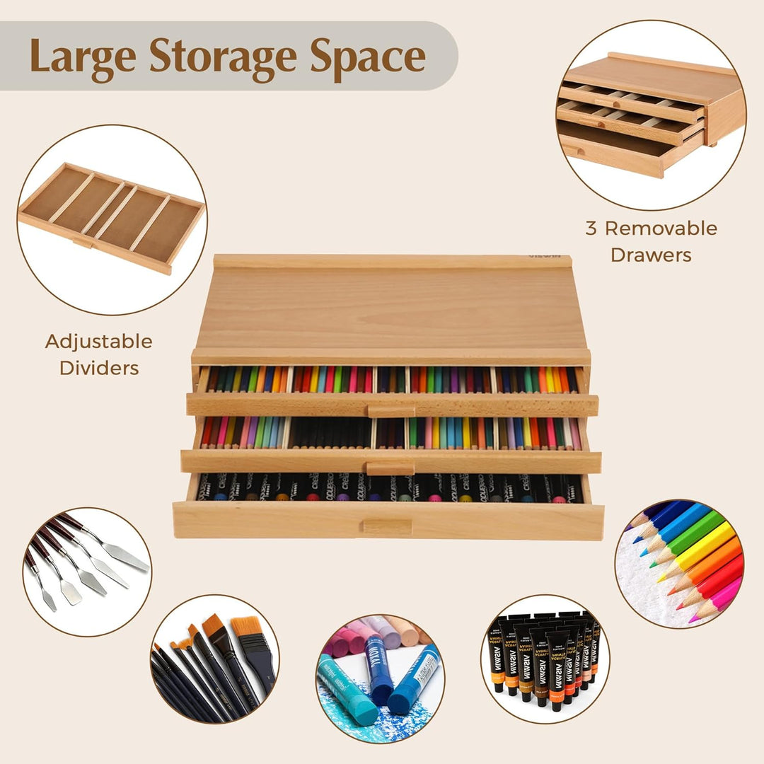 VISWIN 3-Schublade Holz Artist Supply Storage Box mit abnehmbaren Trennwänden, Premium Buche Holz Ar