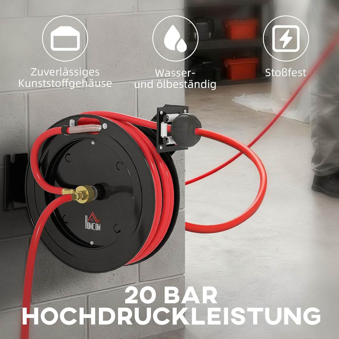 HOMCOM Automatik Druckluftschlauchtrommel 15m+1m Druckluftschlauch mit 1/4' Anschluss, 9,5 x 15,8 mm