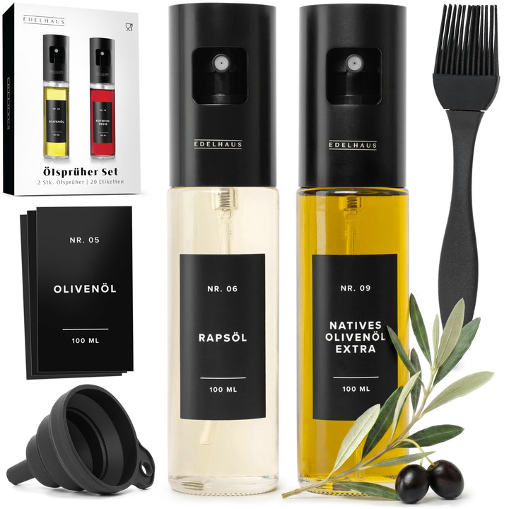 Ölsprüher 2er Set - Hochwertige Öl-Sprühflasche aus Edelstahl & Glas, für gesundes Kochen I Sprüher