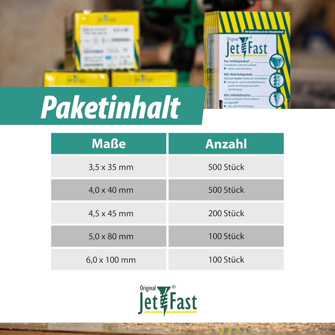 Original Jet-Fast Universalschrauben Set 1400 Teilig, Duo-Senkrippenkopf, mit Selbstbohrspitze, Gelb