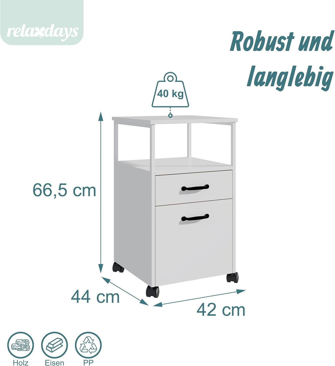 Relaxdays Rollcontainer, 2 Schubladen, Hängeregister, modernes Design, HBT: 66,5 x 42 x 44 cm, Akten