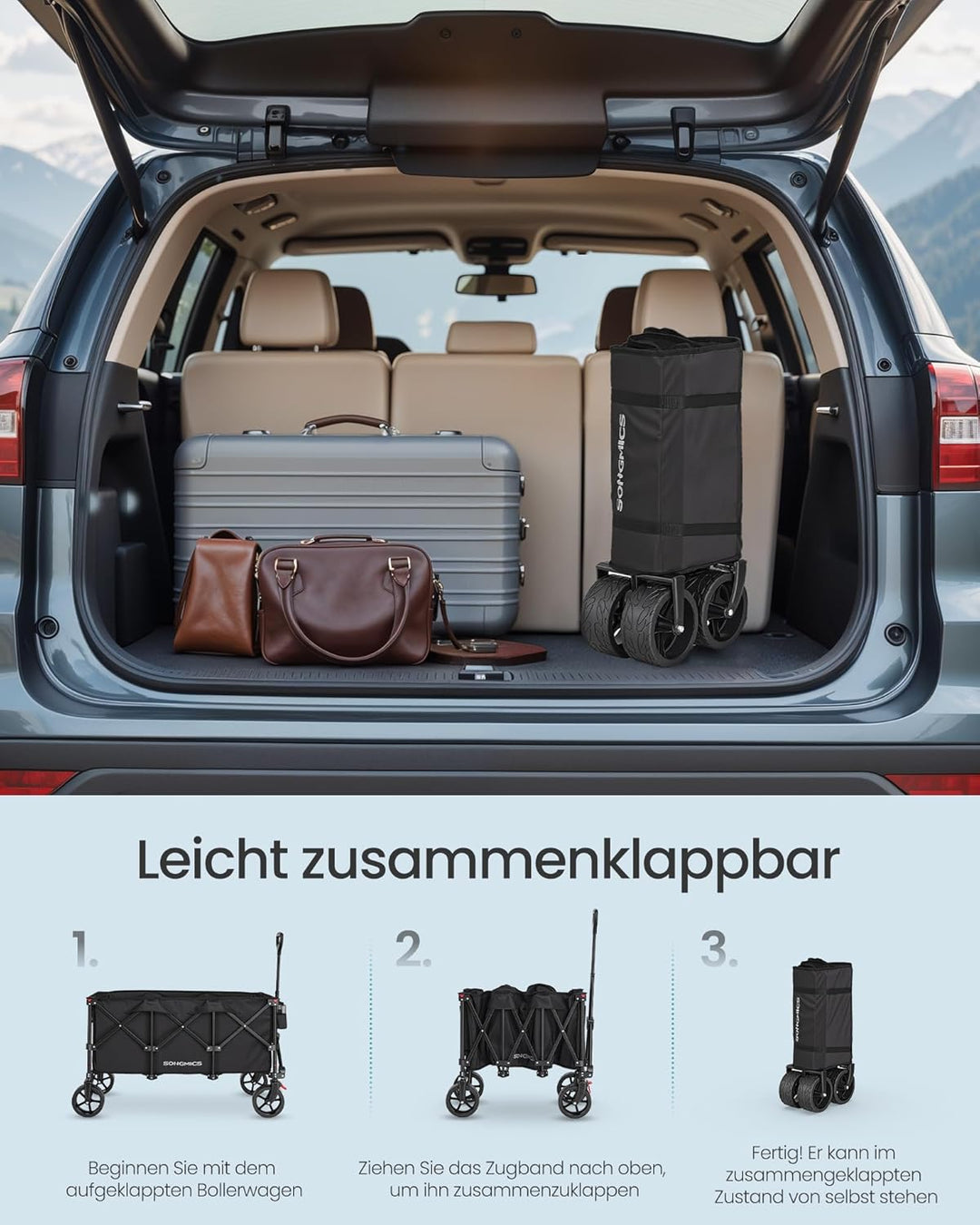 SONGMICS Handwagen faltbar, mit Griff, 200 L, bis 150 kg belastbar | Bollerwagen, Gartenwagen, Campi