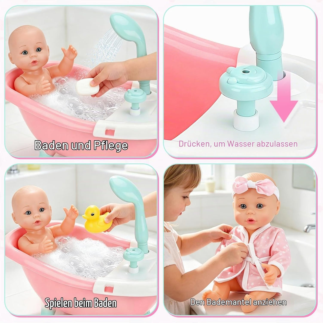 deAO Baby Puppe mit Badewanne und Zubehör, 30cm Badepuppe für Mädchen | Puppenzubehör Spielset mit F
