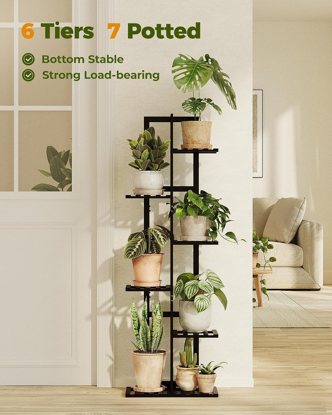 Bamworld Pflanzenregal 6 Ebenen Blumenständer Innen Schwarz aus Bambus, Grosses Blumentopf Ständer E