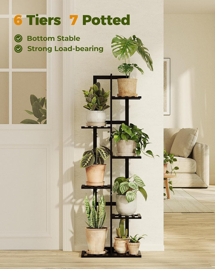 Bamworld Pflanzenregal 6 Ebenen Blumenständer Innen Schwarz aus Bambus, Grosses Blumentopf Ständer E