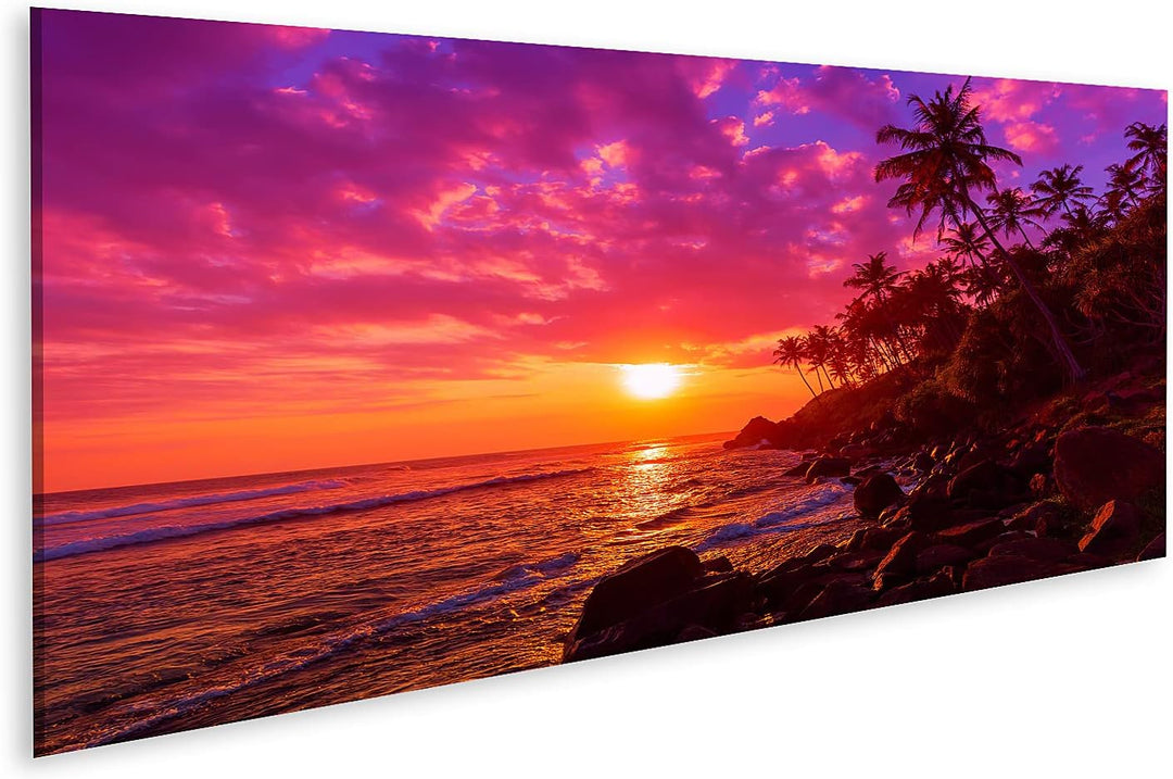 islandburner Bild auf Leinwand Sonnenuntergang Am Tropischen Strand Mit Palmen Silhouetten Bilder Wa