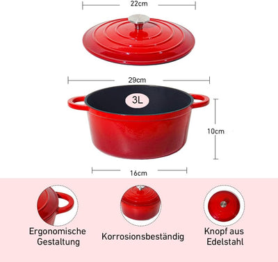 Nilpferd Gusseisen Topf Bratentopf Schmortopf Brotbacktopf mit Deckel und Griffen 22cm/3l Rund Rot E