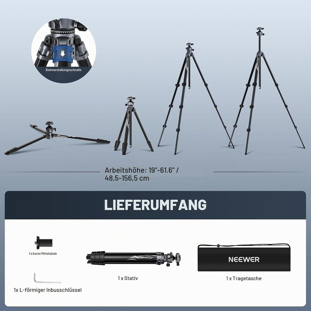 NEEWER LITETRIP LT07 61" Aluminium Reisestativ für Kamera mit Schwenk Neige Kugelkopf, Arca QR Platt
