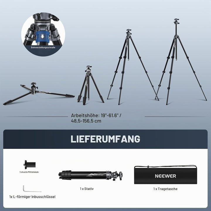 NEEWER LITETRIP LT07 61" Aluminium Reisestativ für Kamera mit Schwenk Neige Kugelkopf, Arca QR Platt