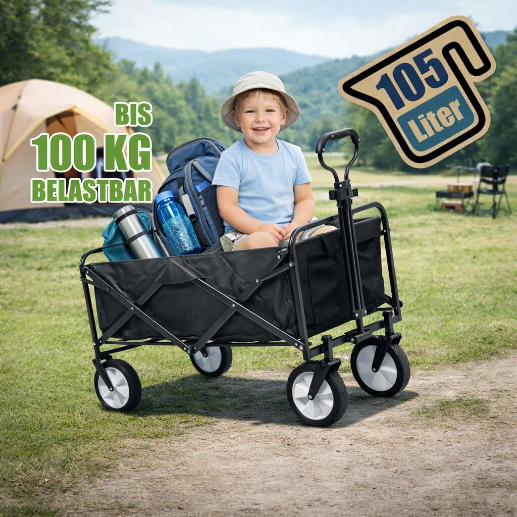 BigDean Bollerwagen faltbar 105L, bis 100 kg belastbar – klappbarer Handwagen mit ausziehbarer Deich