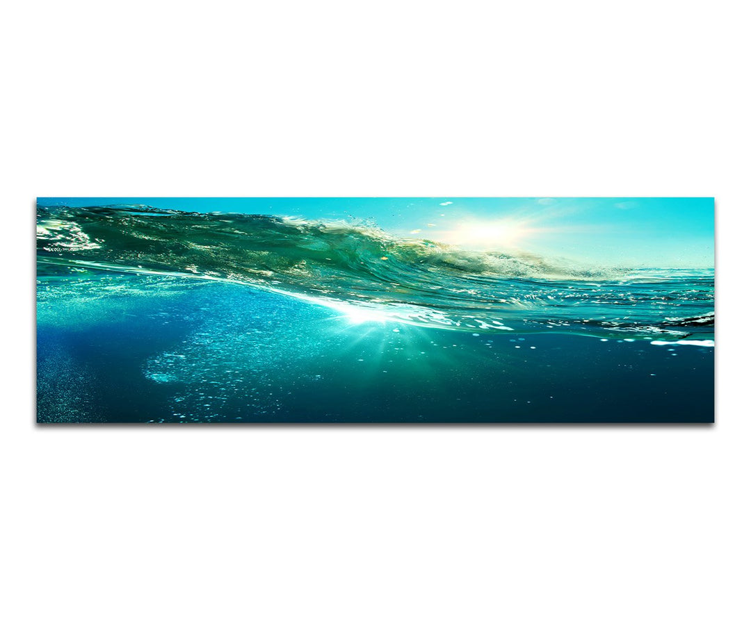 Paul Sinus Art Panoramabild auf Leinwand und Keilrahmen 150x50cm Meer Welle Unterwasser Sonnenunterg