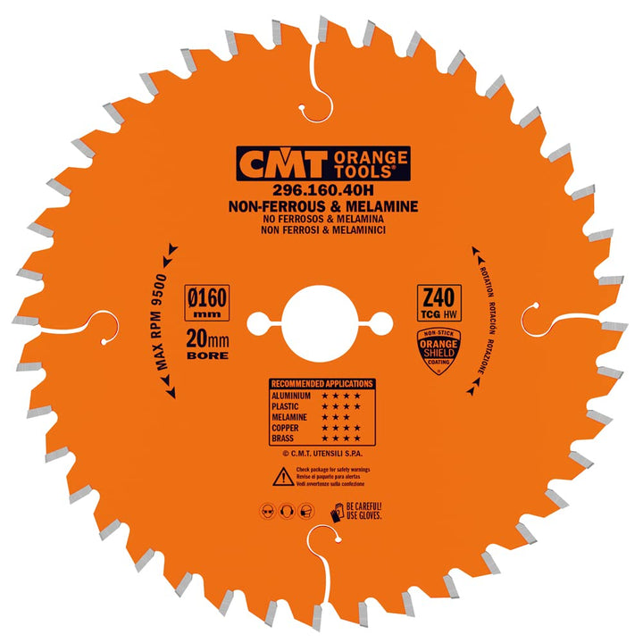 CMT Orange Tools Kreissägeblatt HW 160 x 2,2 / 1,6 x 20 Z=40 TCG - 296.160.40H - für eisenfreies Mat