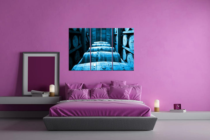 deyoli riesige Fässer in Brennerei Format 120x80 3Teilig Effekt: Monocrome Blau als Leinwandbild, Mo