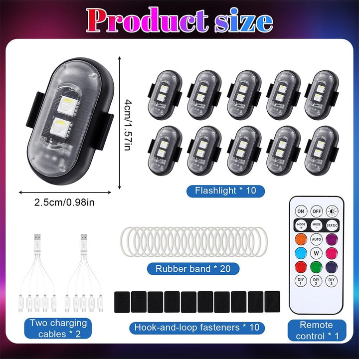 10 Stück Kabellose LED Lichter, 8 Farben Wasserdicht Blitzlicht mit Fernbedienung, USB-Aufladung Ant