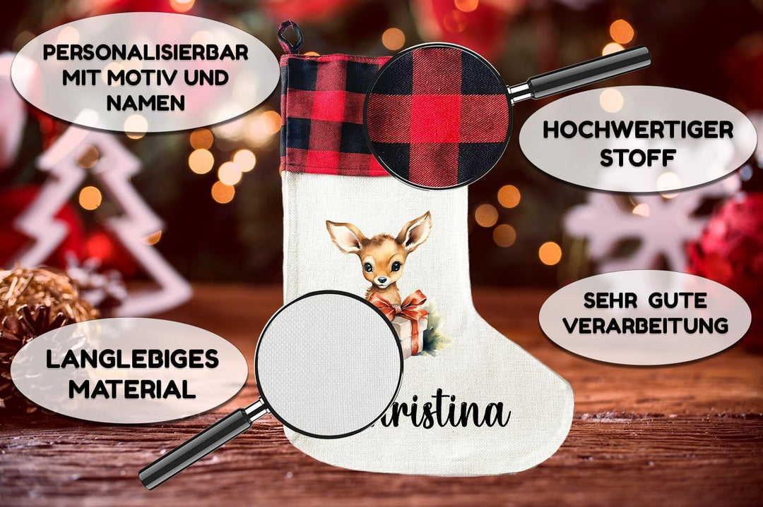 Personalisierte Weihnachtssocken mit Tieren - 40cm x 30cm - Weihnachtsstrumpf zum Nikolaus oder Weih