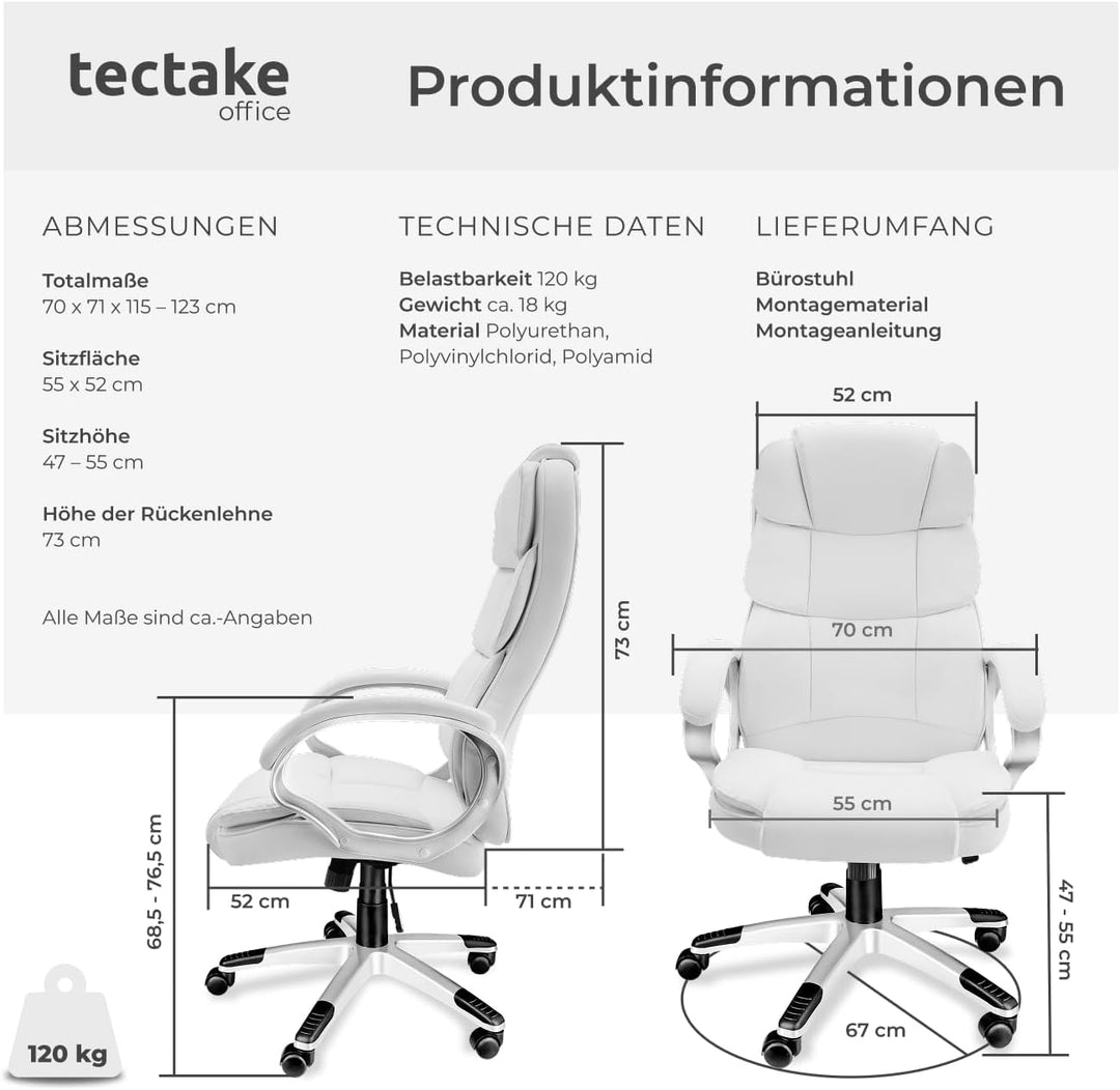 tectake® Chefsessel, Bürostuhl mit 12 cm Polsterung, Schreibtischstuhl mit Armlehnen & Wippfunktion,