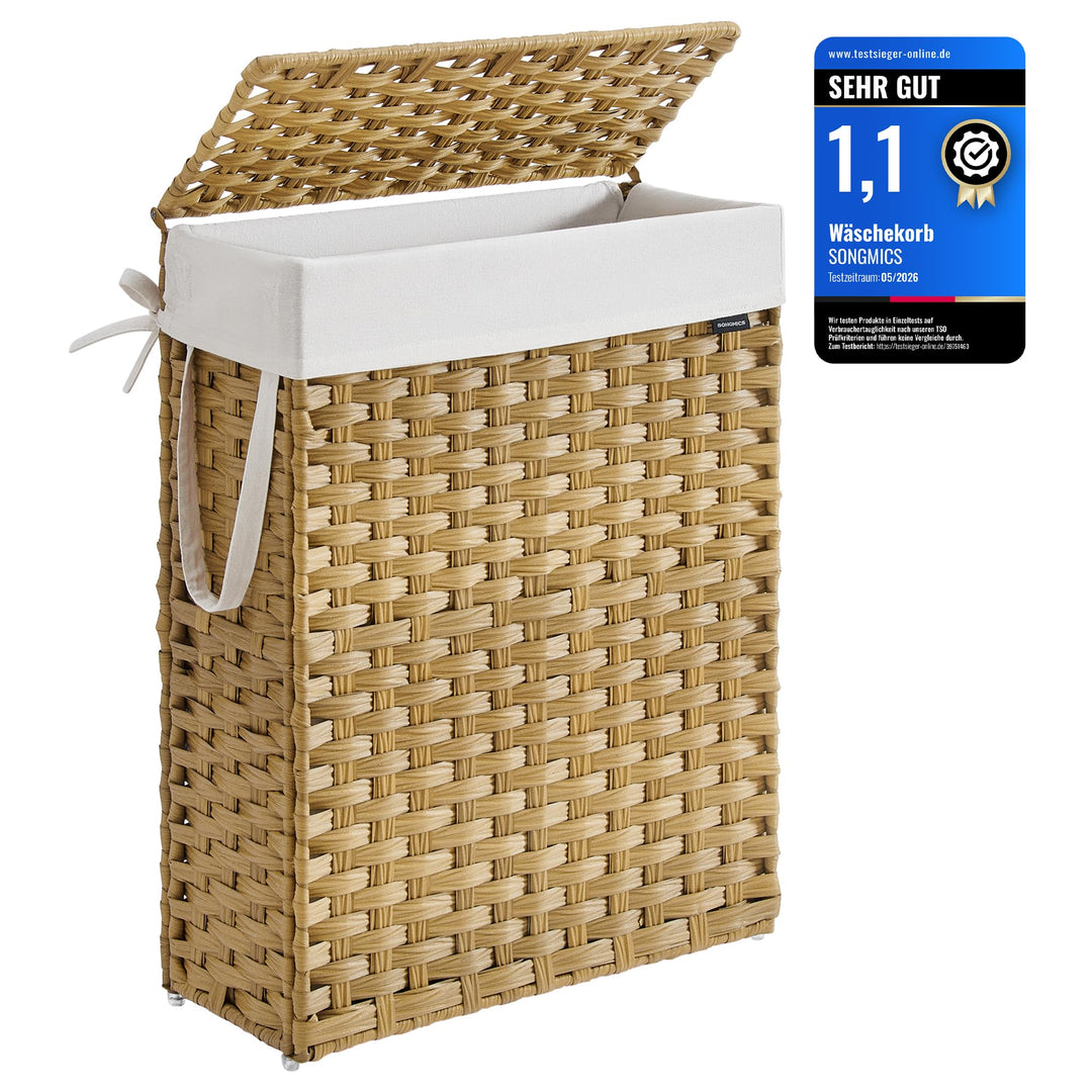 SONGMICS Wäschekorb schmal, Wäschesammler 55 L, Wäschebox aus synthetischem Rattan, mit Deckel und G