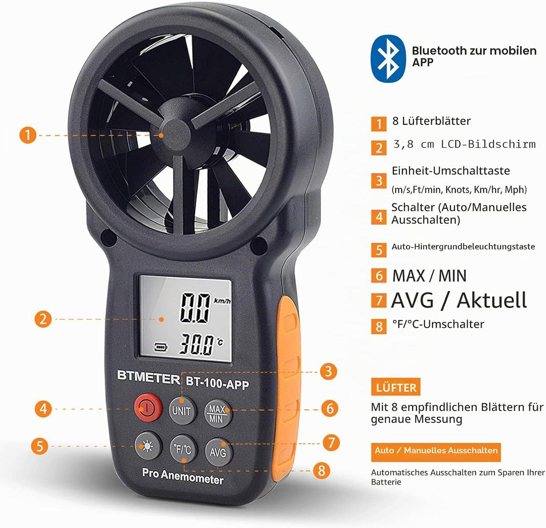 BTMETER Anemometer Bluetooth Wireless Handheld, BT-100APP Digital Windmesser CFM Messgerät, LCD Wind