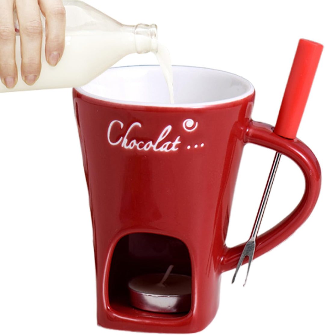 Schokoladen-Fonduetasse mit Gabeln, 130 ml, Schokoladenschmelzbecher, Keramik-Butterwärmer, Set, per