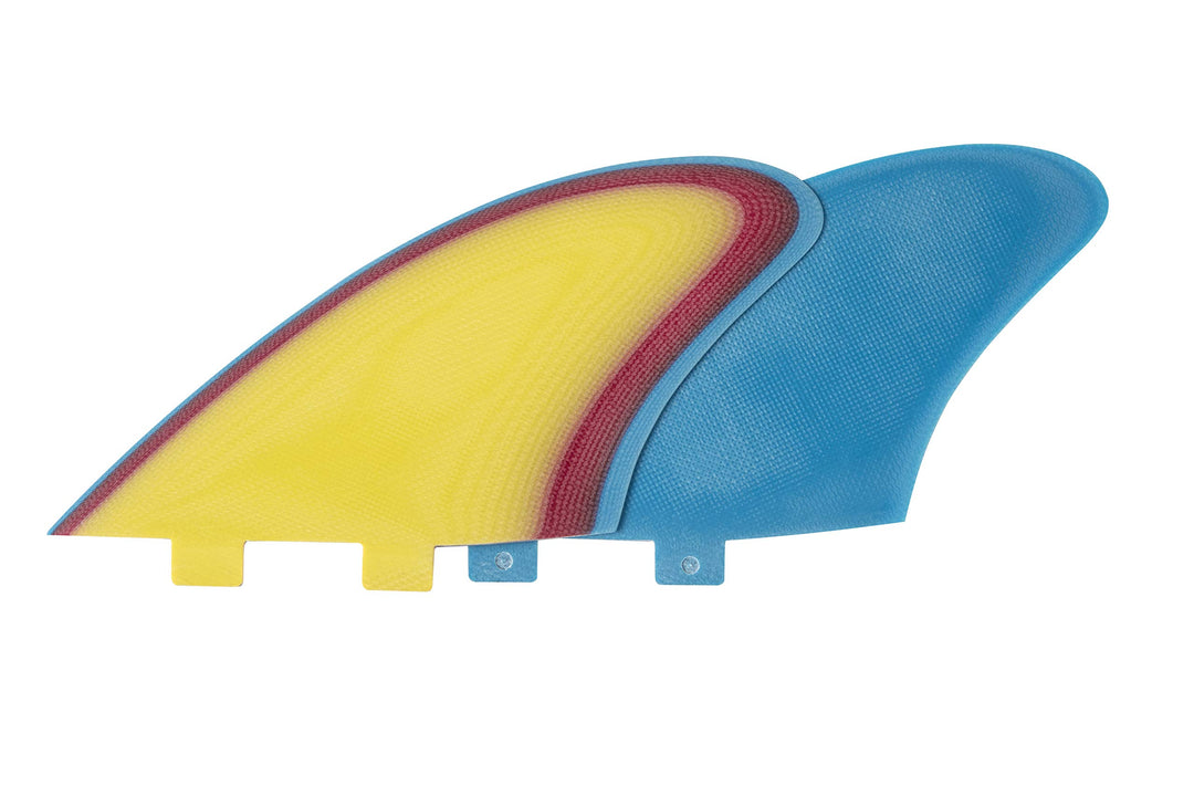 Liquida Sizzla Twin Keel Fins, FCS I System, FK Glass, Gelb, Rot, Blau, Gelb, Rot, Blau