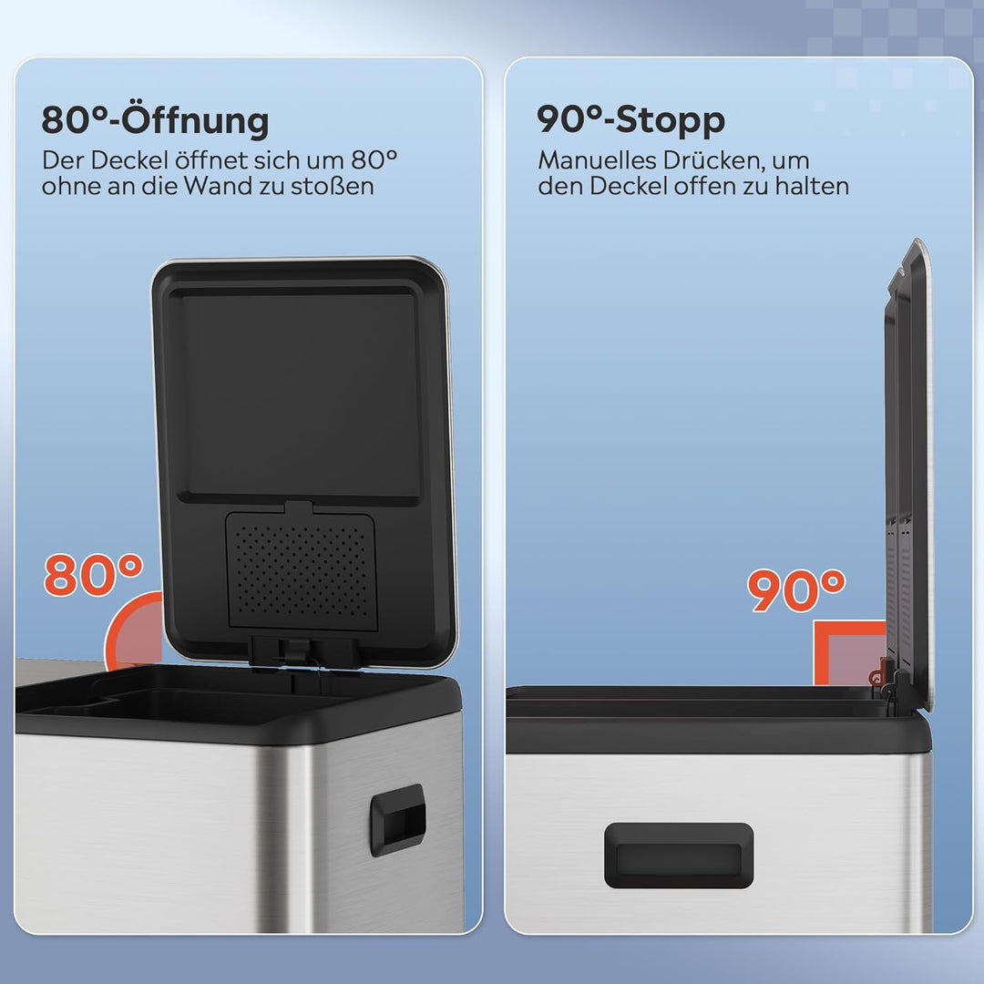 WLIVE Mülleimer 2 x 30L (60L Gesamtvolumen),Mülleimer Küche,Edelstahl Mülltrennsystem mit Mülleimer