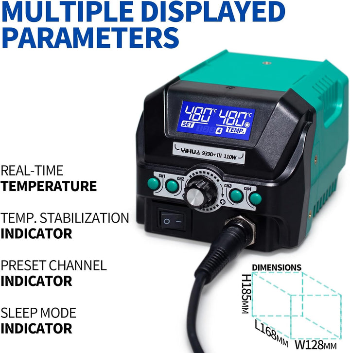 YIHUA 939D+ III EVO 110W Lötstation mit 4 Speicherplätzen, Dual-LCD-Display, Ruhemodus, 2 helfenden