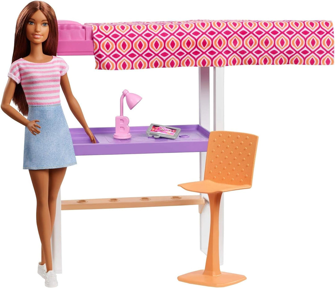 Barbie FXG52 - Deluxe-Set Möbel Hochbett mit Schreibtisch und Puppe, Mehrfarbig, Hochbett mit Schrei