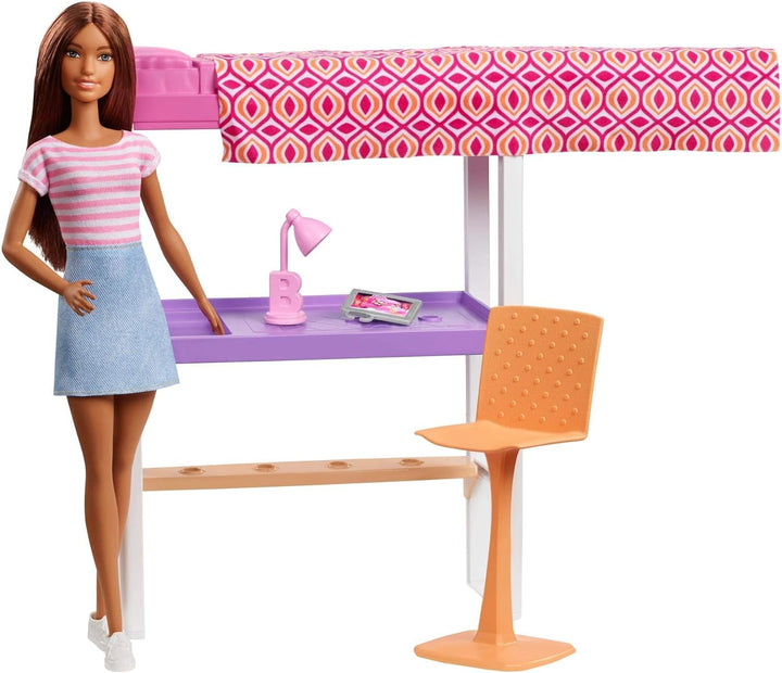 Barbie FXG52 - Deluxe-Set Möbel Hochbett mit Schreibtisch und Puppe, Mehrfarbig, Hochbett mit Schrei