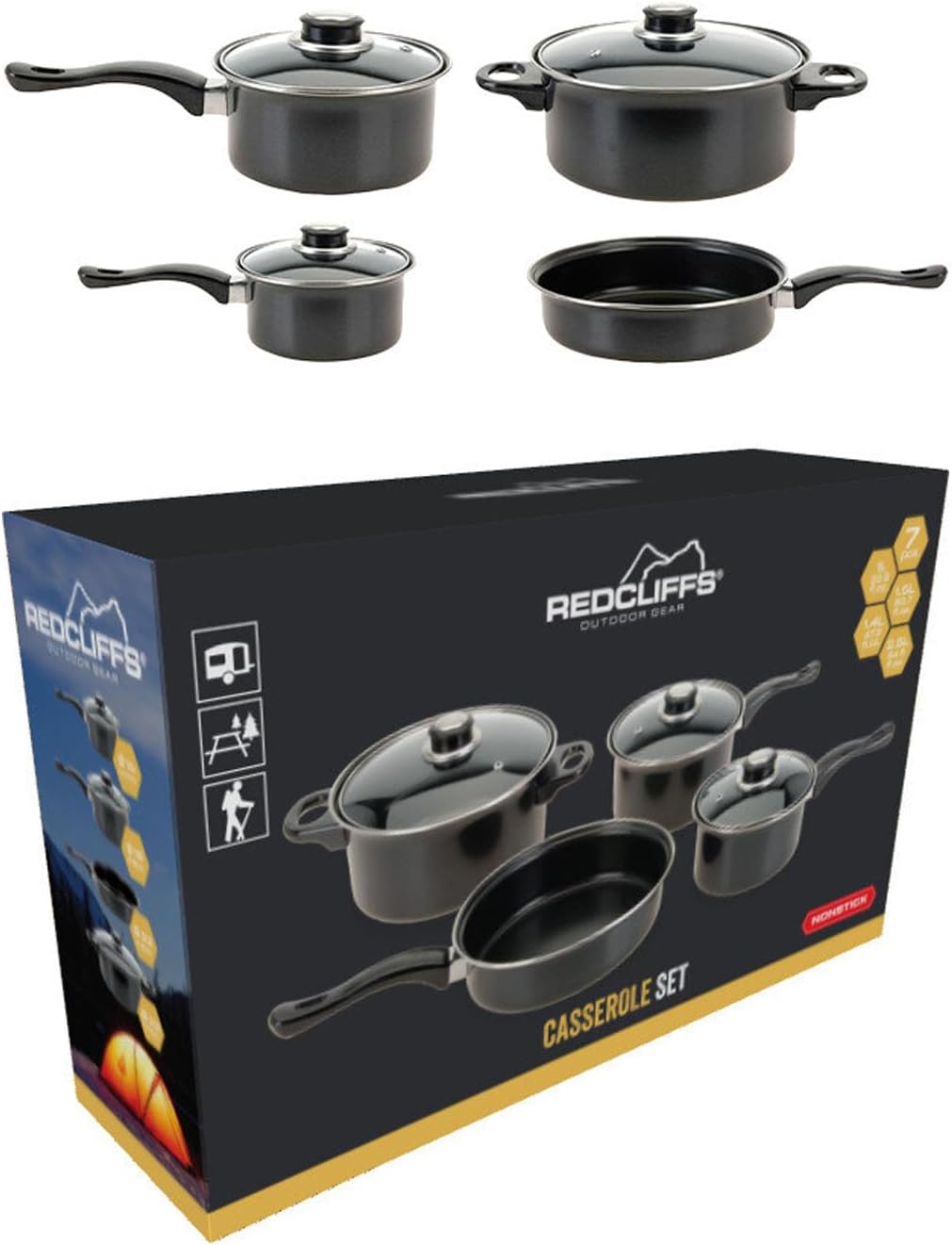 Camping Kochtopfset 7-teilig Leichtes Aluminium Topfset für Gasherde, 2 x Stieltopf mit Deckel | 1 x