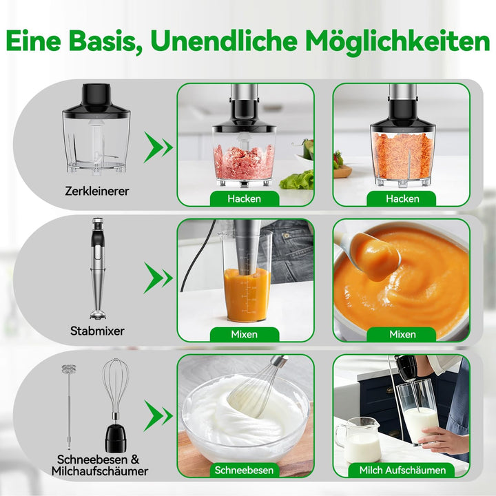 Stabmixer Set 5 in 1, 1100W Pürierstab Elektrisch, Stufenlose Geschwindigkeit, Edelstahl Hand Blende