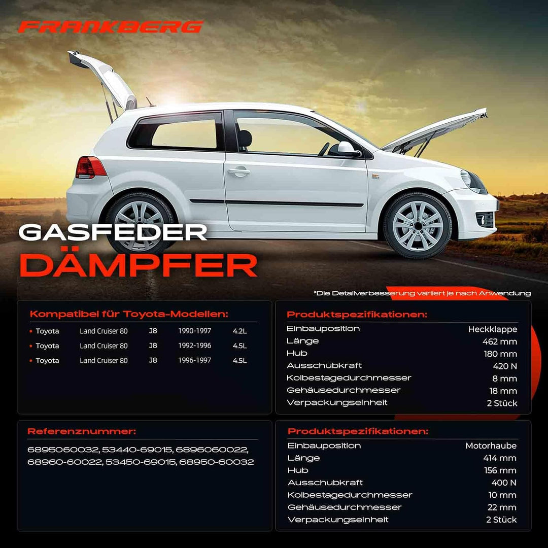Frankberg 4x Gasfeder Dämpfer Heckklappe Motorhaube Kompatibel mit Land Cruiser 80 J8 4.2L 4.5L SUV