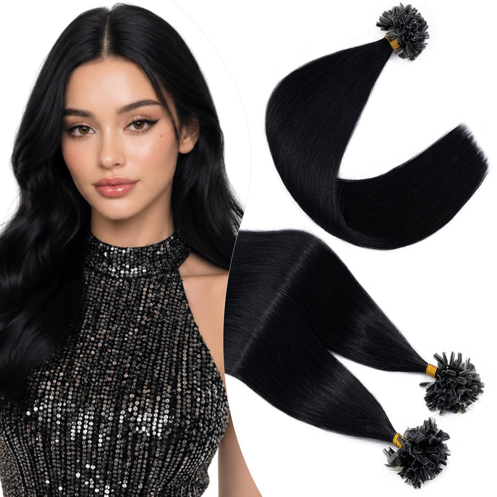 Elailite Bondings Extensions Echthaar #1 Schwarz, 50g 60cm U Tip Hair Extensions Keratin 100 Strähne