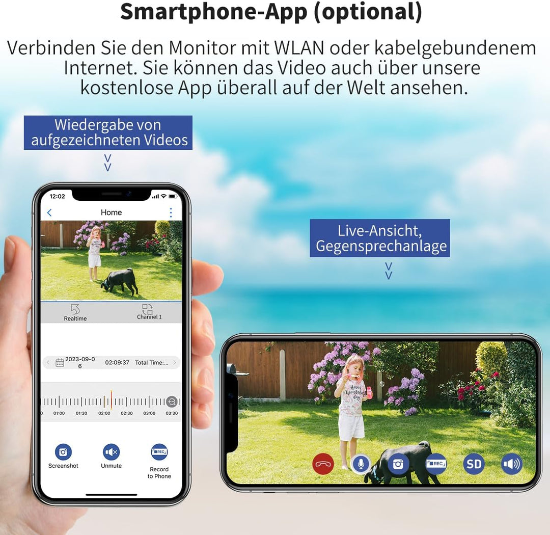 SecuFirst 2K Überwachungskamera Aussen mit Innen Monitor,7" Sensorbildschirm NVR + 2X Outdoor Kamera