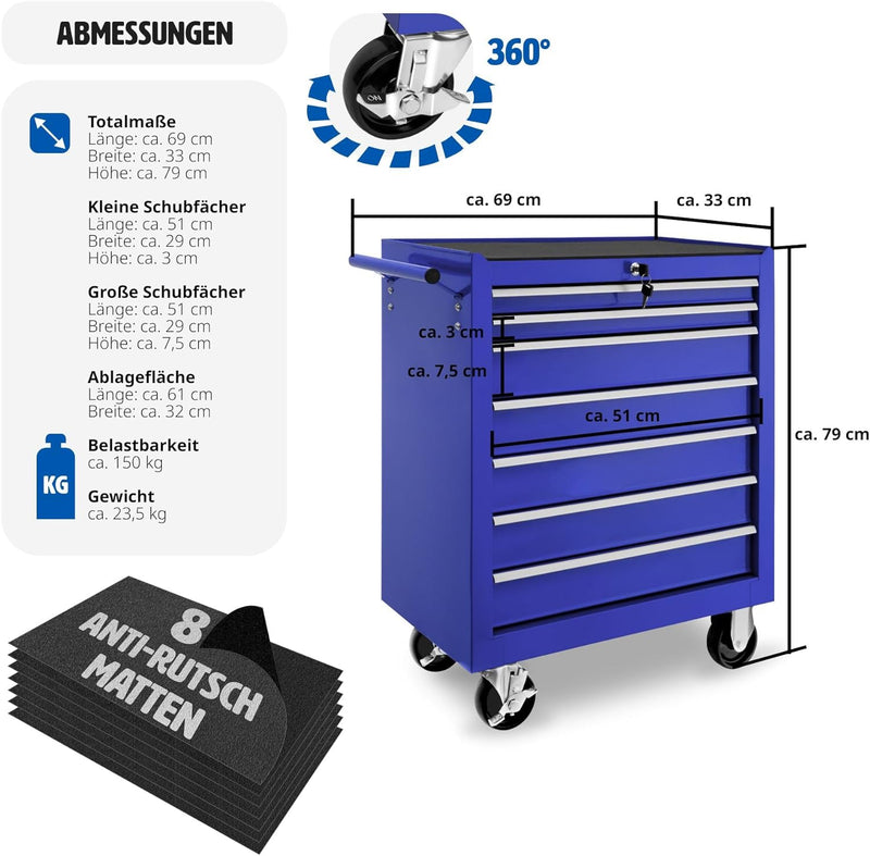 tectake Werkzeugwagen, Werkstattwagen, rollende Werkstatt, Werkzeugwagen leer, Werkzeugbox, 7 Schubf