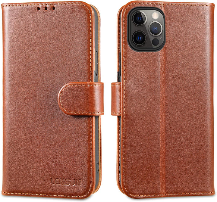 LENSUN Echtleder Hülle für iPhone 12, iPhone 12 Pro Handyhülle Echtes Leder Etui [Kartenfach][RFID B