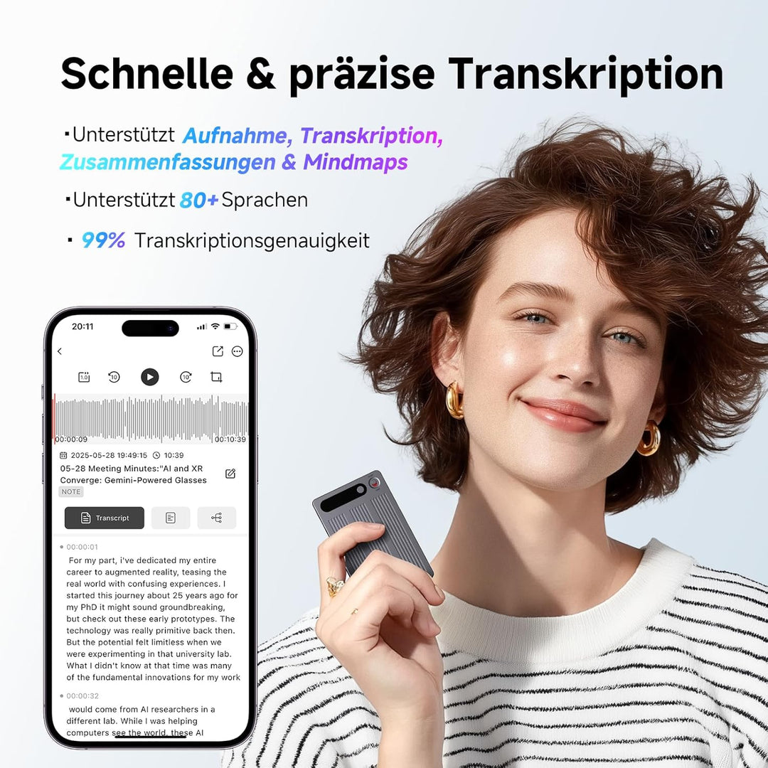 KI Digitales Diktiergerät mit Hülle, Transkribieren und Zusammenfassen, App-Steuerung, One-Touch-Auf