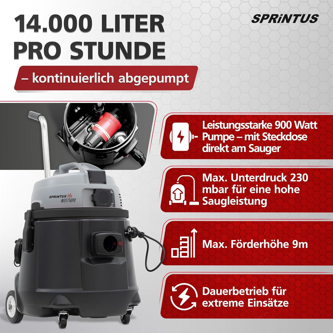 Sprintus® Pumpsauger N51/1 KPS I Leistungsstarker Nasssauger mit Abpumpfunktion &amp; 14.000L Fördervolu