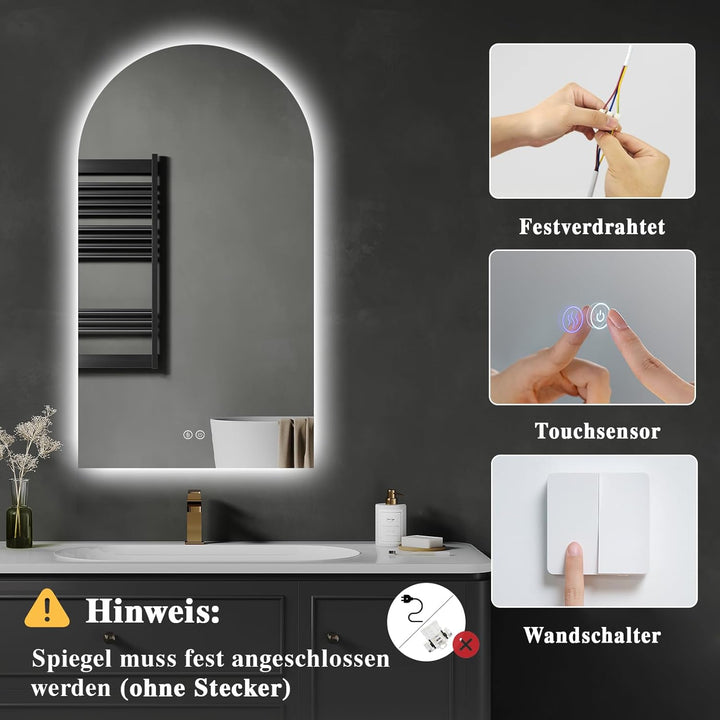 Badezimmerspiegel mit LED Beleuchtung, Beschlagfrei, Touch-Schalter, Dimmbar, 3 Lichtfarben, Wandspi