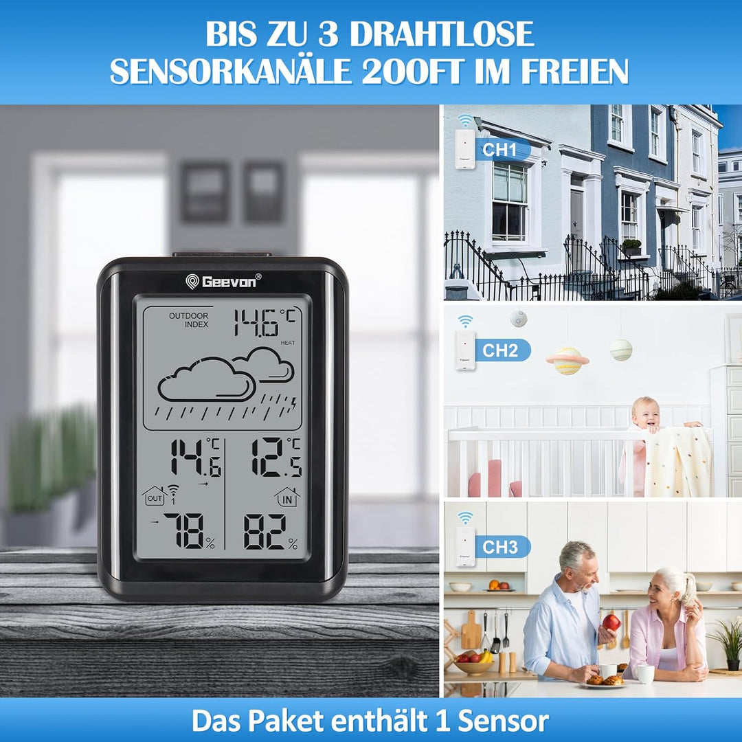 Geevon Wetterstation Funk mit Aussensensor, einfache Bedienung, präzise Wettervorhersage, zuverlässi